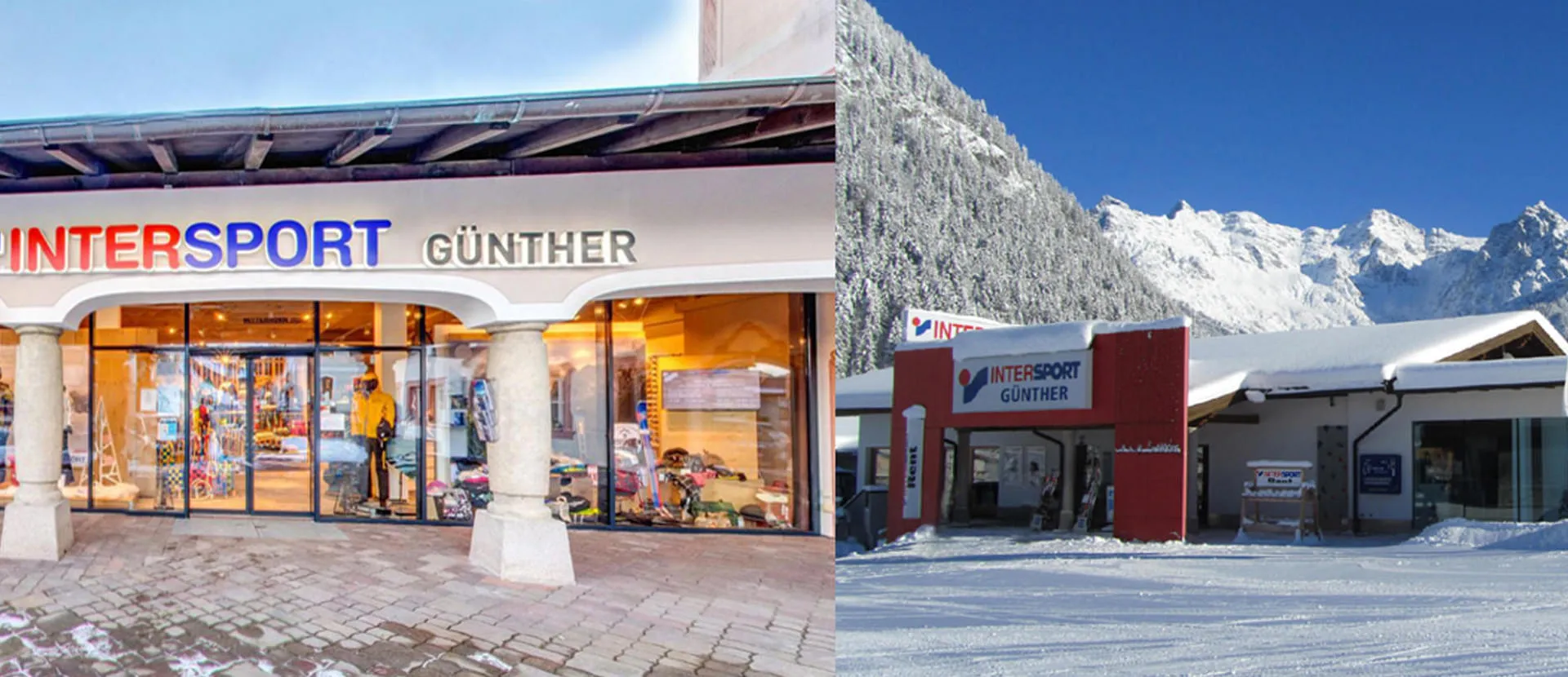 Das Bild zeigt die beiden Eingangsbereiche der beiden INTERSPORT Günther Filialen, rechts in St. Ulrich und links in Fieberbrunn.